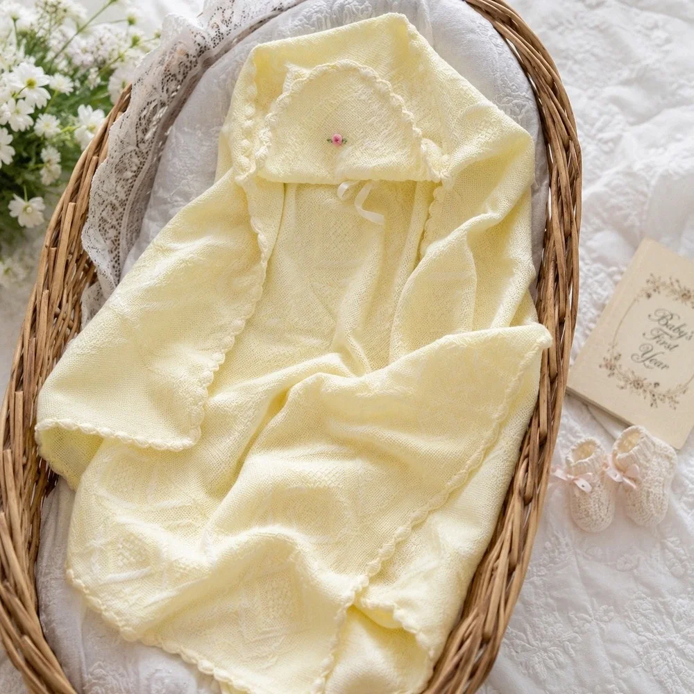 Vintage Handmade Hooded Baby Shawl Heirloom Blanket Layette Butter Yellow Pastel